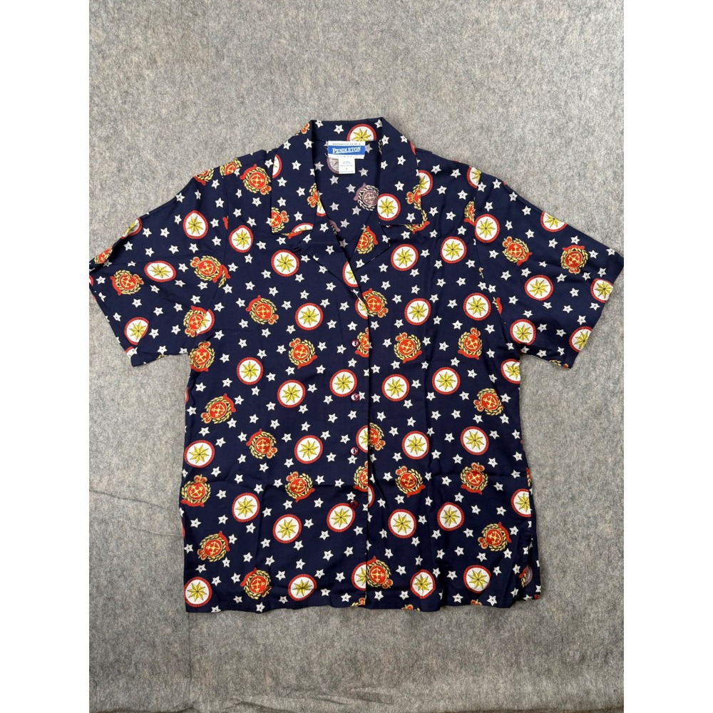Pendleton Shirt Women 8 Blue Rayon Nautical Star Compass Camp Collar Vintage‎